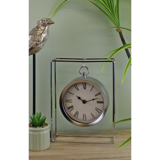 Analog Metal Mechanical Tabletop Clock in Silver
