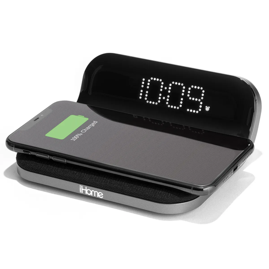 iHome Powervalet Compact Alarm Clock with Wireless Qi and USB Charging - Grey