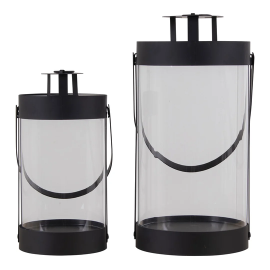 2 Piece Metal and Glass Lantern Set