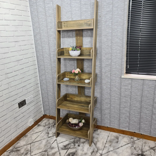 Ladder Storage Bookshelf Leaning Shelves 5-tier Ladder Standing Shelf Bookcase Storage Wall Rack Rustic Effect