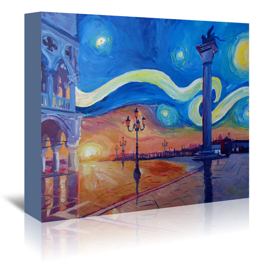 'Starry Night in Venice Italy - San Marco with Lion' by Markus Bleichner - Wrapped Canvas Painting Print