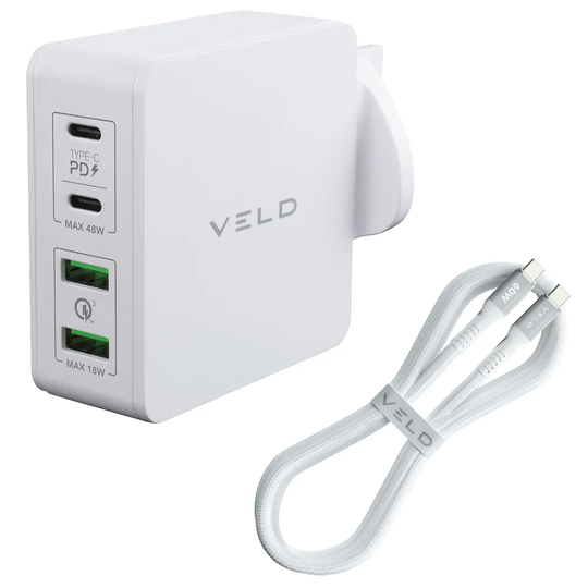 VELD 66W Super-Fast 4 Port Wall Charger + 1.5m Type-C to Type-C 60W Cable