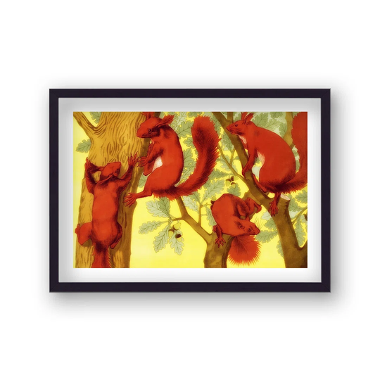 Screenprint Vibrant Red Squirrels in Oak Trees by Vouvart - Picture Frame Graphic Art