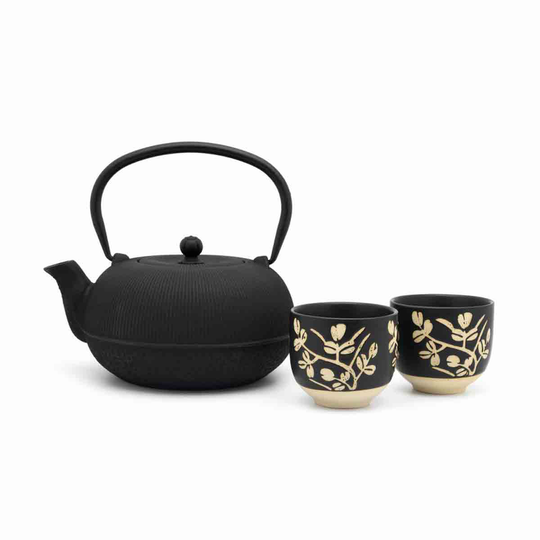 Bredemeijer Gift Set With Sichuan Design Teapot 1.0L In Cast Iron Black With 2 Porcelain Cups - Black & Ecru