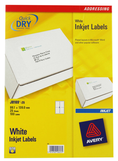 AVERY INKJET LABELS 4/SHT 139X99.1MM