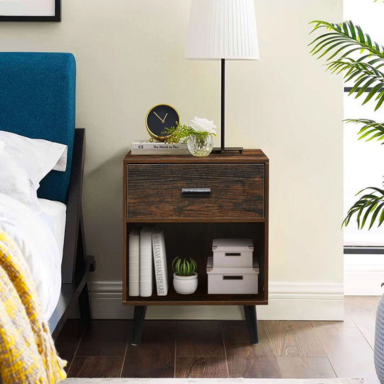 Cumby Modern Bedside Table, Rustic Brown Wooden Nightstand Cabinet With 1 Drawer Open Shelf Storage, Sofa Side Table For Living Room Bedroom Office, R