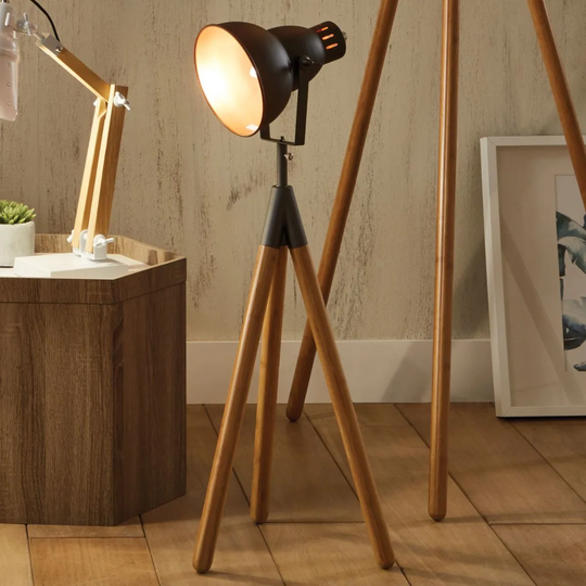 Grey Metal And Natural Wood Tripod Film Table Lamp