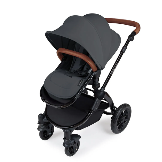 Ickle Bubba Stomp V3 i-Size Travel System with Isofix Base - Graphite Grey on Black with Tan Handles