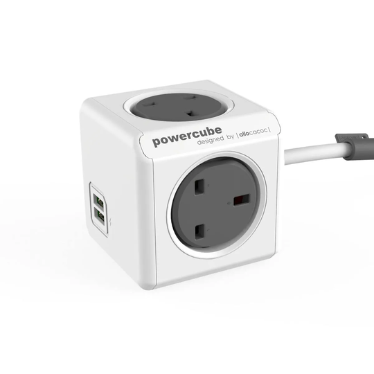 Allocacoc PowerCube Extended USB 4 Socket + 2 USB 1.5metre Extension Lead Adapter Outlet - Grey