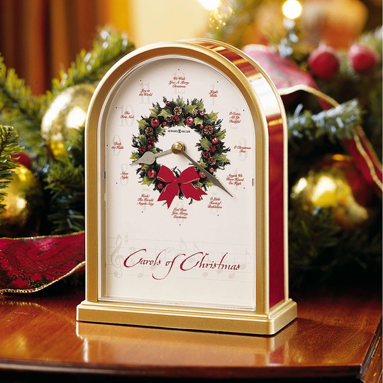 Musical and Chiming Carols of Christmas Holiday Traditional Analog Wood Quartz Table Clock in Satin Brass