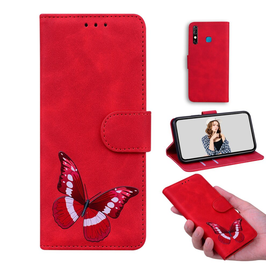 Case for Infinix Hot 8 Butterfly Cover Premium Leather Magnetic- Red