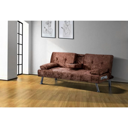 SleepOn Crushed Velvet Bluetooth Cinema Sofa Bed With Drink Cup Holder Table Brown