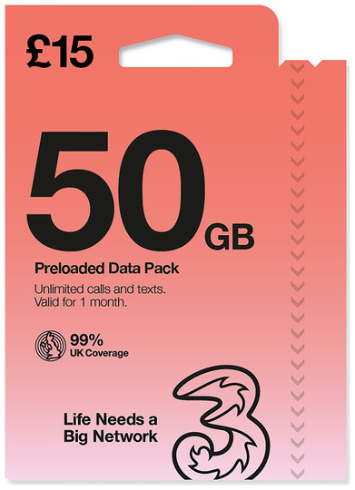 Three 50GB New Pay As You Go Sim