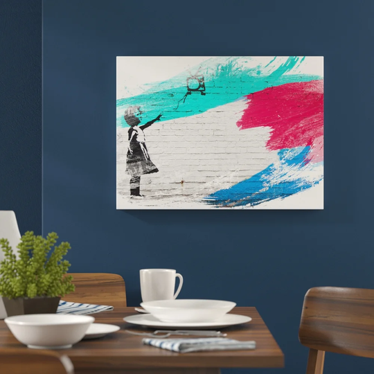 'Banksy Girl with Red Balloon TV Graffiti' Graphic Art Print Poster