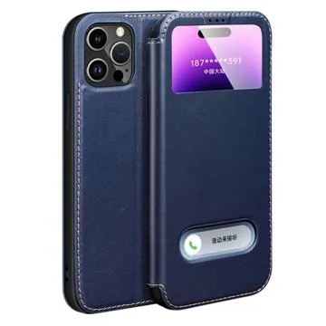 Dual View iPhone 14 Pro Max Flip Leather Case - Blue