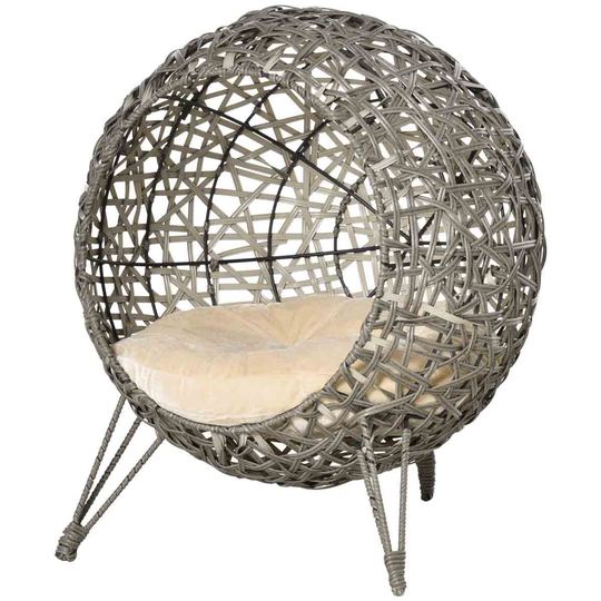 Pawhut Rattan Wicker Elevated Cat House w/ Cushion - Grey