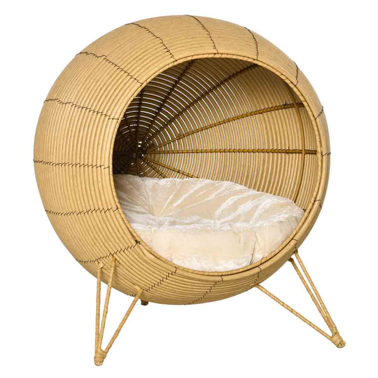 Pawhut Wicker Elevated Rattan Kitten Basket W/ Soft Cushion - Light Brown