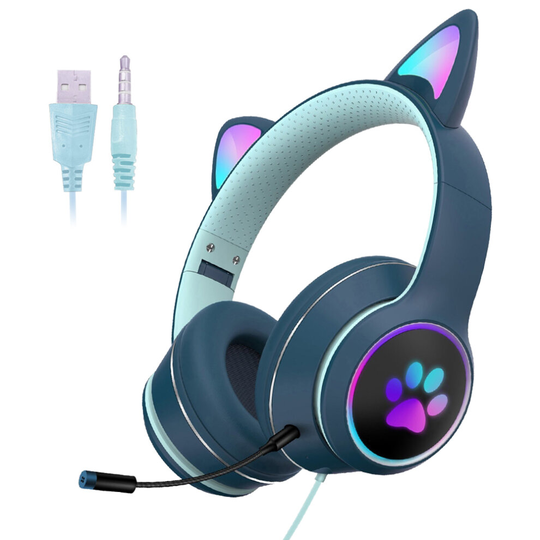 (Dark Blue) LED RGB Gaming Wired Cat Ear Headphones Headset Detachable Microphone Pink Adult or Kids 3.5mm