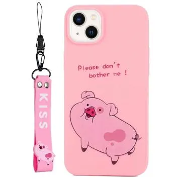 Kiss Series iPhone 14 Plus TPU Case with Strap - Pig