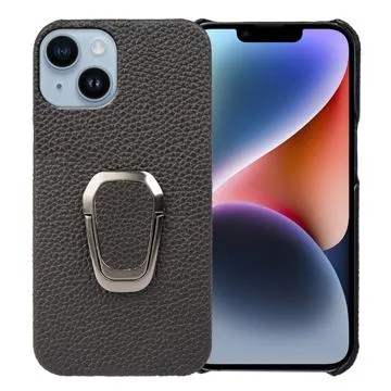 iPhone 14 Leather Coated Case with Ring Holder - Black