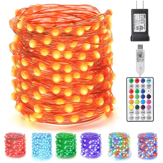 Upgrade Color Changing Fairy Lights, 66ft 200 LED Orange Halloween Lights with Remote, USB + Adapter Plugin Colo
