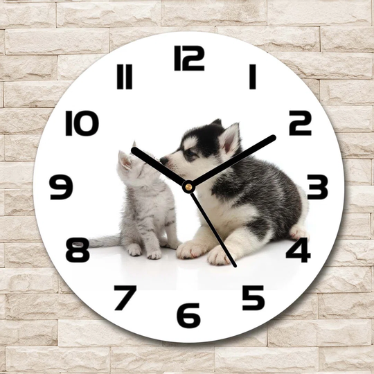 Glass Wall Clock 30Cm Round Decoration Picture Wall Art Modern Decoration Kitchen Living Room Silent - Dog And Cat,73561386