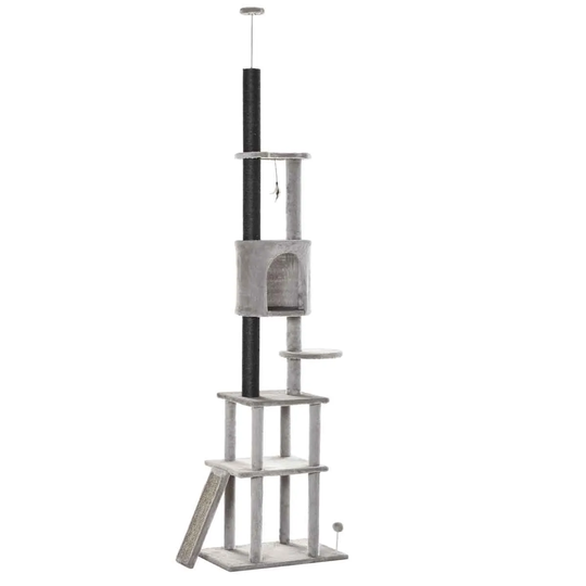 PawHut Floor to Ceiling Cat Tree and Activity Center with Double Condo - Grey