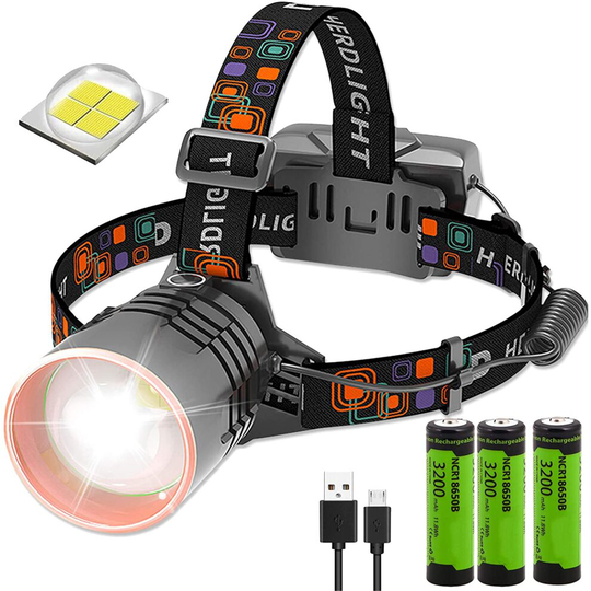 Rechargeable LED Headlamp Headlight Torch USB Flashlight Hiking(With battery)