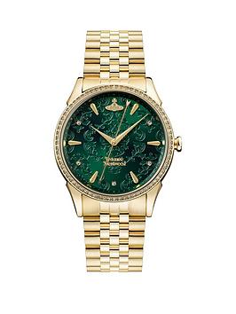 Vivienne Westwood The Wallace Emerald Lace Gold Detail and Crystal Embellished Dial Gold Stainless Steel Bracelet Ladies Watch, One Colour, Women