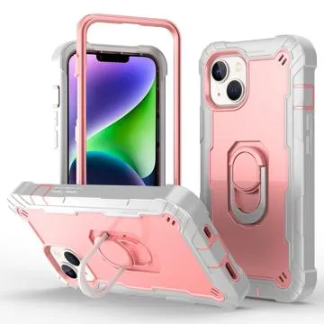 3-in-1 Shockproof iPhone 14 Plus Hybrid Case - Grey / Rose Gold