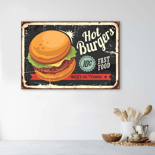 Canvas Print Retro Sign Hot Burgers