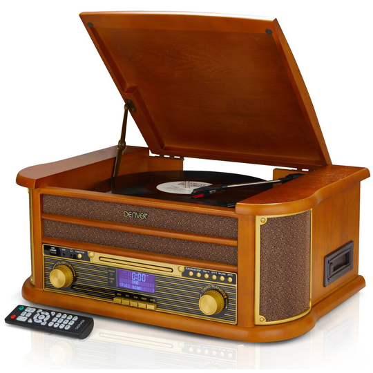 (Vintage Wood) Denver MRD-51BT Retro Record Player Turntable Music Centre With CD Player, DAB & FM / AM Radio, Bluetooth, Record Player, Cassette, MP3