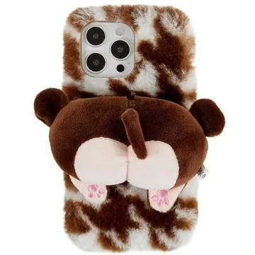 3D Plush Furry Winter iPhone 14 Pro TPU Case - Brown Corgi