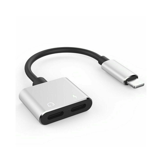 (Silver) 2 in 1 Adapter Splitter Audio Earphone AUX Charger for iPhone 7 8 X XR