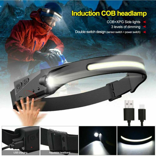 COB+LED Headlamp Headlight Torch Flashlight Work Light Bar Head Band Lamp USB