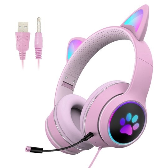 (Pink) LED RGB Gaming Wired Cat Ear Headphones Headset Detachable Microphone Pink Adult or Kids 3.5mm