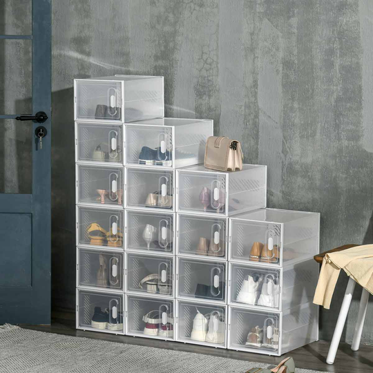 HOMCOM 18Pcs Clear Shoe Box For UK/Eu Size Up To 8.5/43 With Magnetic Door For Women/Men, 25 X 35 X 19Cm