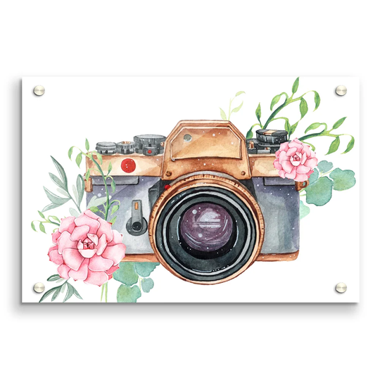Vintage Camera Floral Modern - Unframed Graphic Art Print on Acrylic