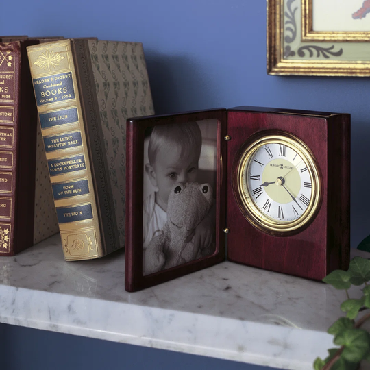 Portrait Book Traditional Analog Wood Quartz Tabletop Clock in Rosewood Hall/Polished Brass