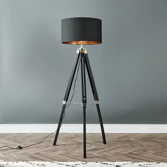 Floor Lamp Tripod Black Wood/Chrome Light With Black Drum Shade With Gold Inner Drum Shade
