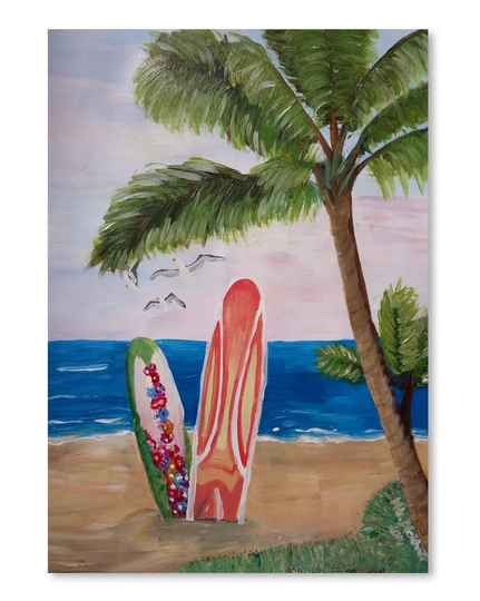 Surf Boards Beach by M Bleichner - Unframed Painting Print on Paper