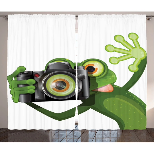 Photographer Merry Frog Taking a Picture His Camera Funny Animal Pattern 2 Piece Room Darkening Curtain Set