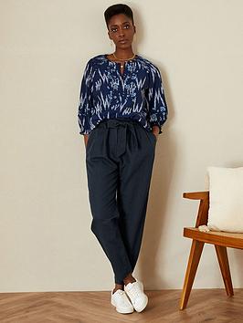 Monsoon Linen Blend Paperbag Waist Trouser, Navy, Size 8, Women