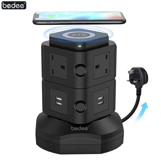 Tower Mains Power Extension Lead 6 Way + 4 USB with Wireless Charger