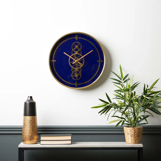 Solal 46cm Gold Finished Gears Wall Clock for Living Room and Bedroom with Dark Blue and Gold Dial