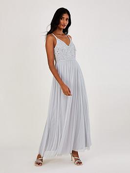 Monsoon Autumn Embroidered Maxi Bridesmaid Dress - Silver