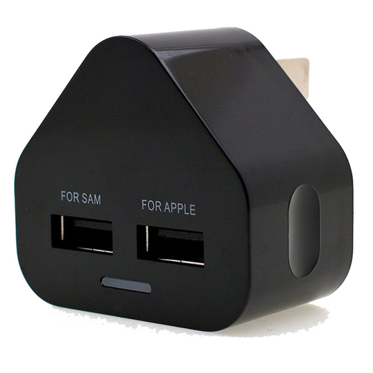 (Black) 2-Port USB Wall Adapter Charger With UK 3 Pin