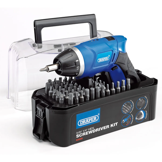 Draper 3.6V Cordless Li-Ion Screwdriver and 55-Bit Kit