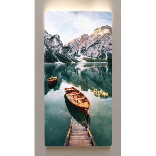 Backlight wall art, M100 lake mountains, metal motif, 60 x 120cm, on a magnetic board