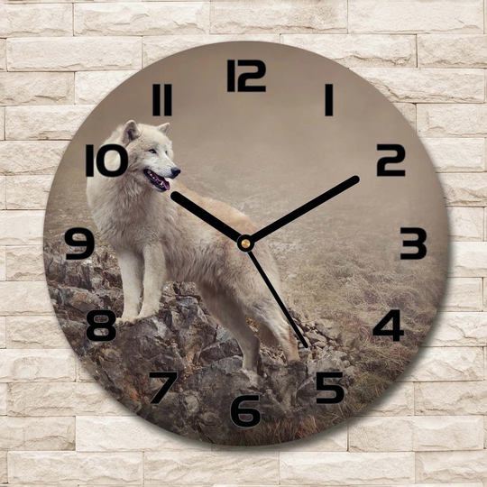 Glass Wall Clock 30Cm Round Decoration Picture Wall Art Modern Decoration Kitchen Living Room Silent - White Wolf On The Rock,60381309